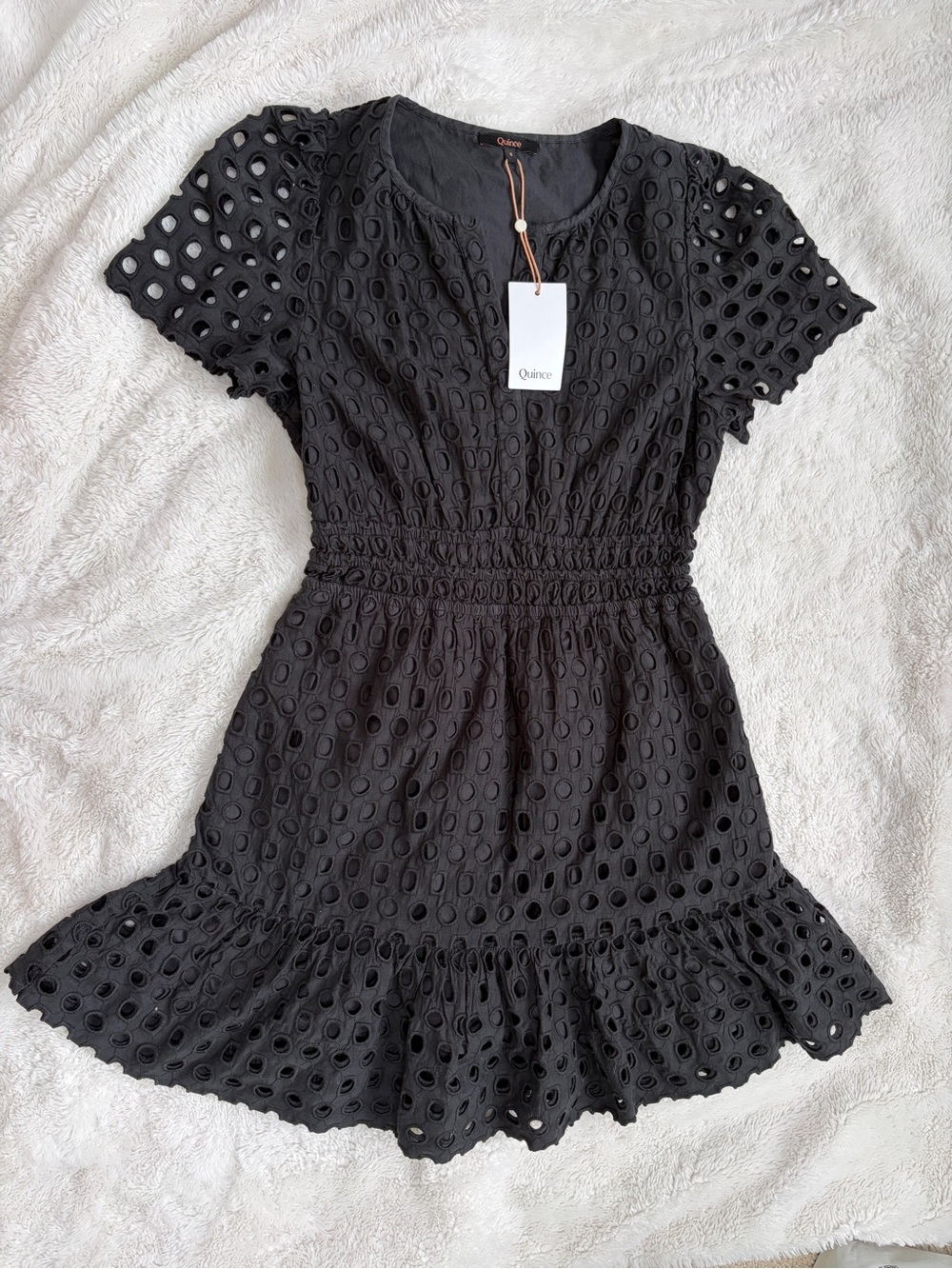 Quince Black Eyelet Short-Sleeve Smocked Mini Dress